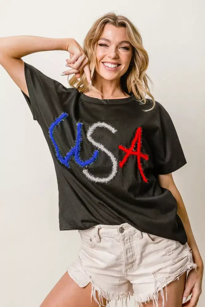 BiBi Metallic Letter Short Dolman Sleeve Top