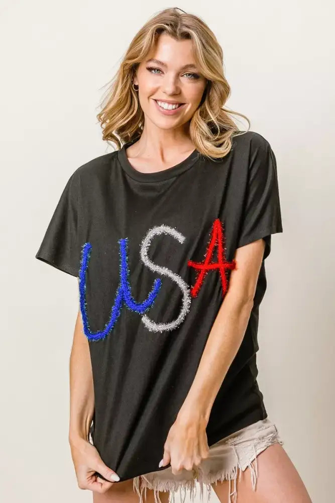 BiBi Metallic Letter Short Dolman Sleeve Top