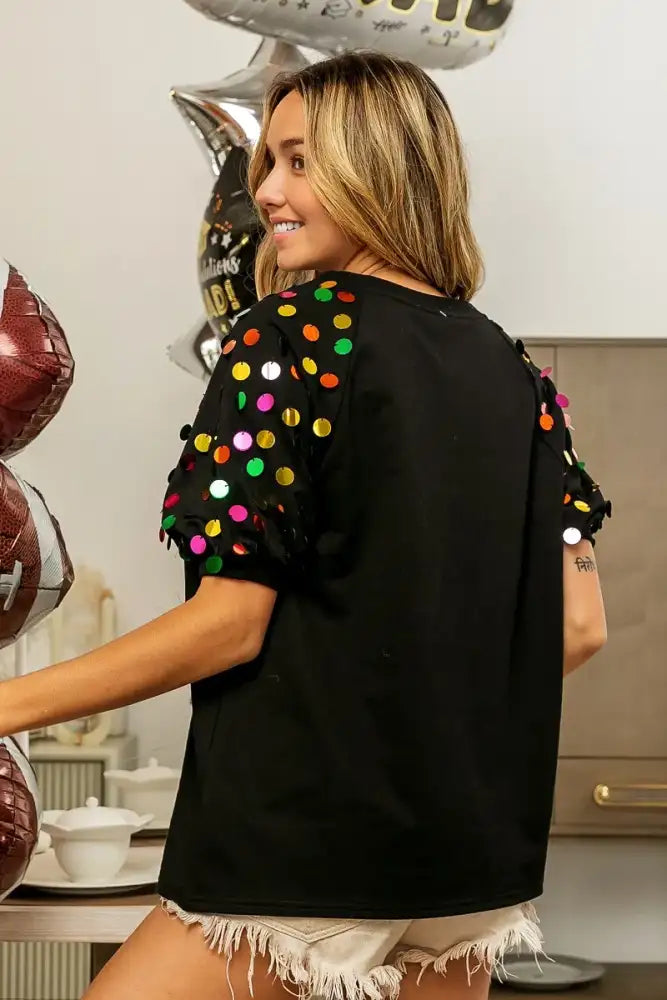 BiBi Metallic Letter Spangle Raglan Puff Sleeve Top