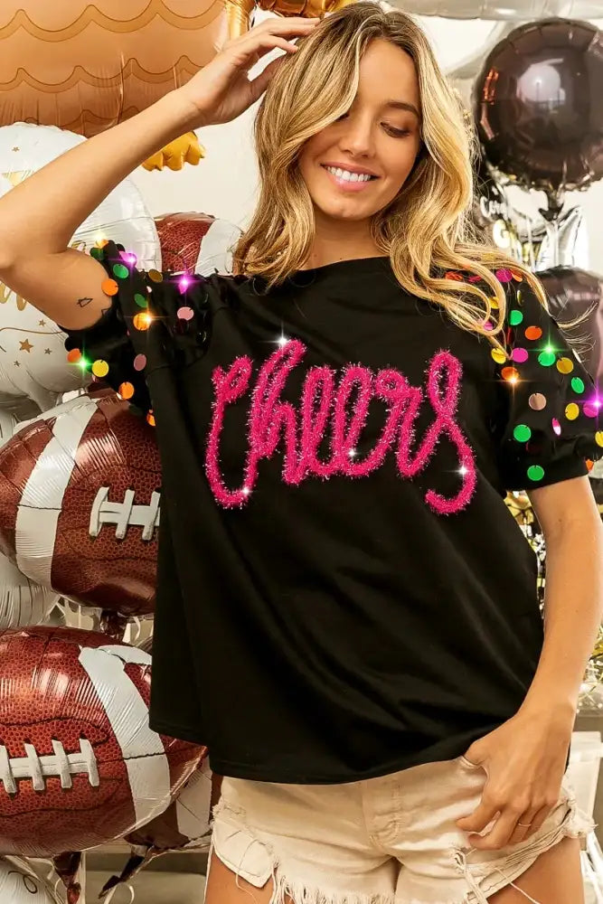 BiBi Metallic Letter Spangle Raglan Puff Sleeve Top