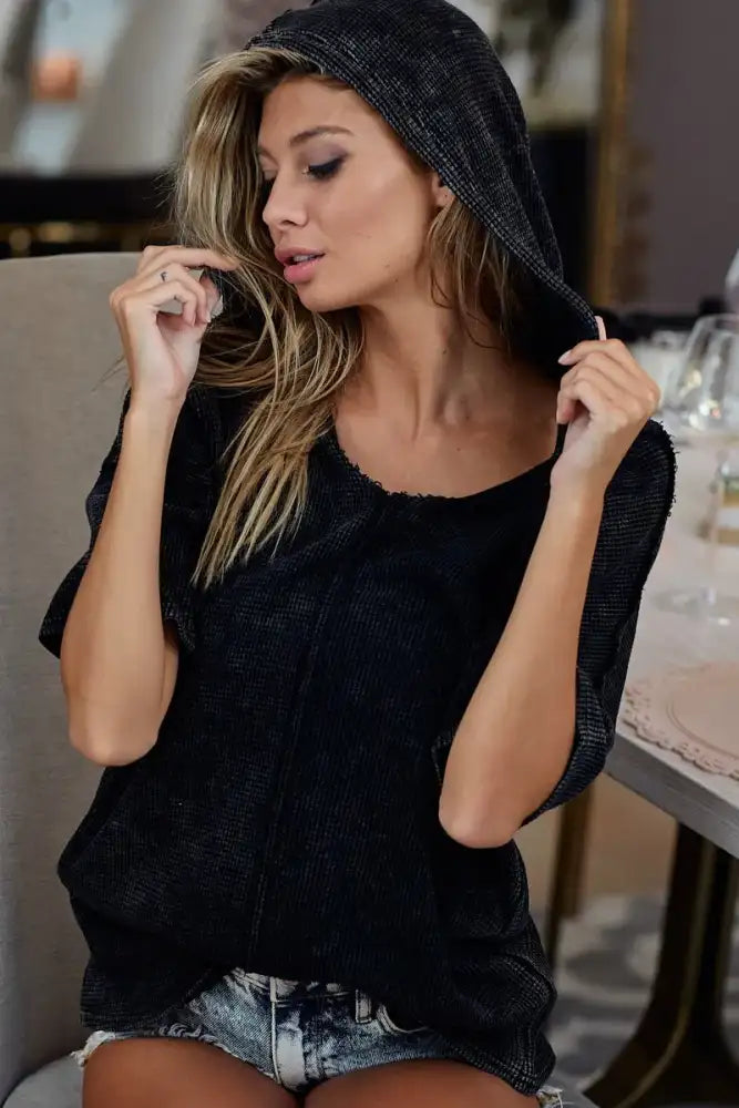 BiBi Mineral Washed Short Sleeve Hoodie Top