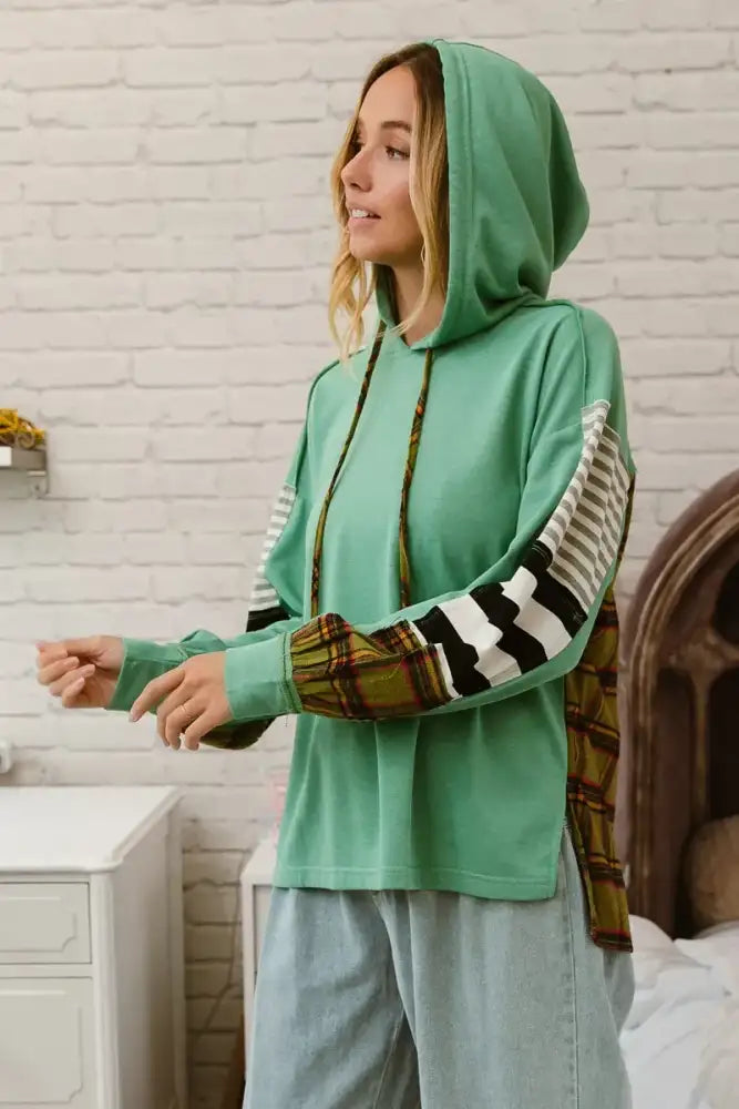 BiBi Plaid With Stripes Mix Match French Terry Hoodie