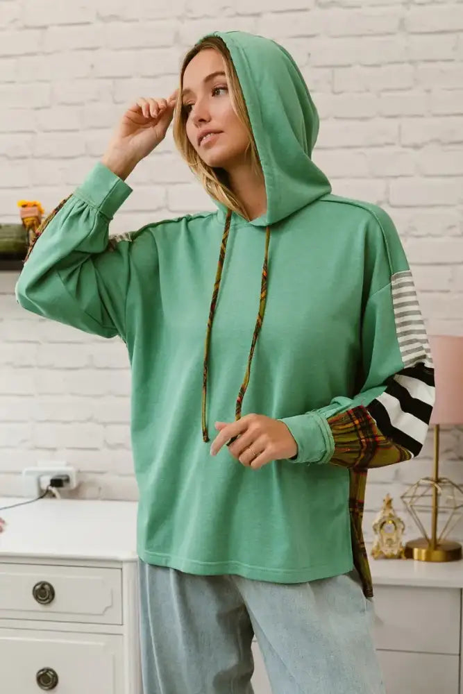 BiBi Plaid With Stripes Mix Match French Terry Hoodie