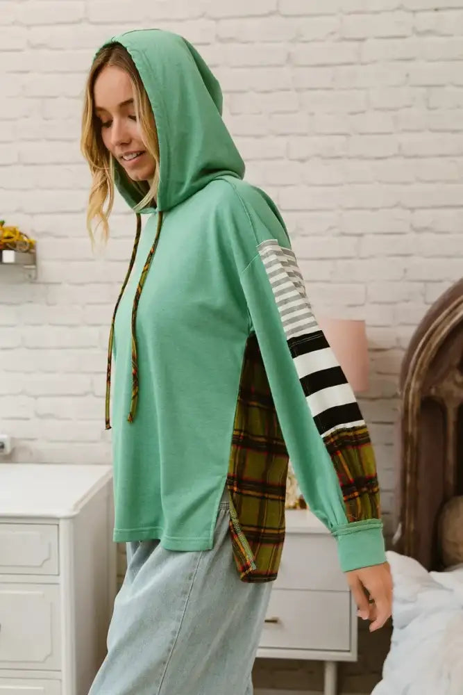 BiBi Plaid With Stripes Mix Match French Terry Hoodie