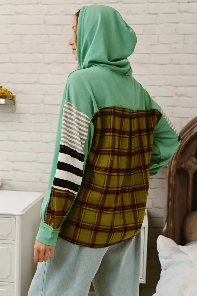 BiBi Plaid With Stripes Mix Match French Terry Hoodie