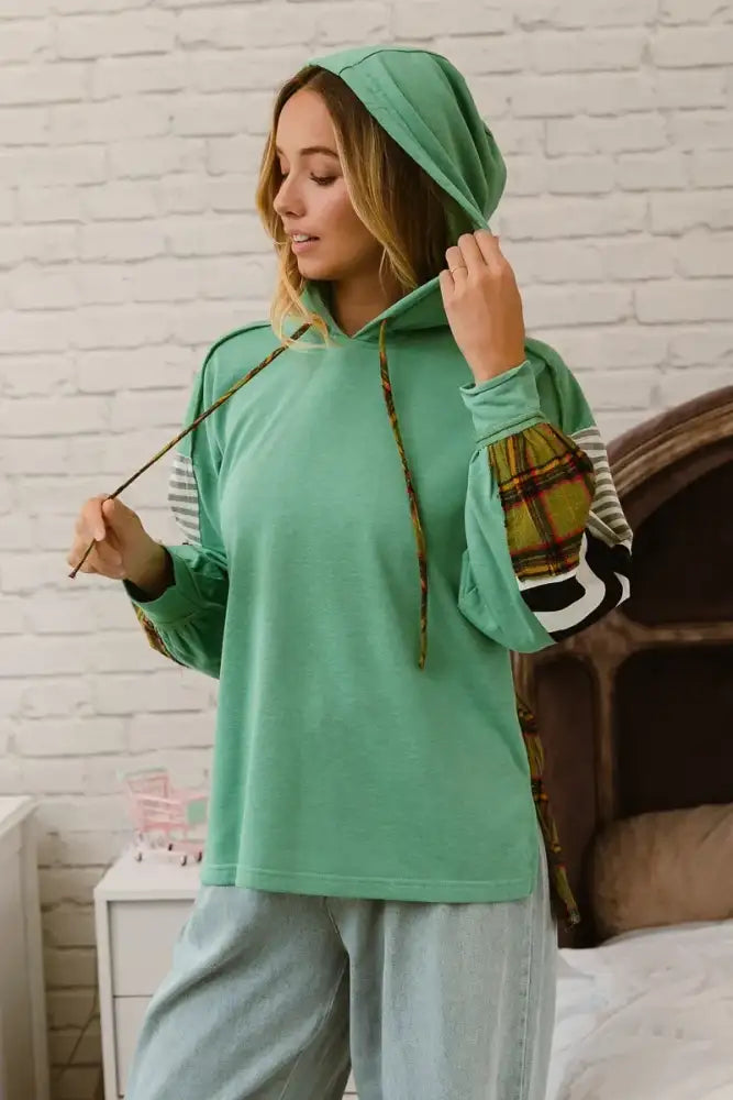 BiBi Plaid With Stripes Mix Match French Terry Hoodie