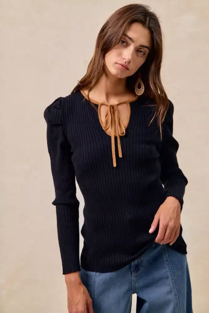 BiBi Ribbed Contrast Front Tied Top with Shrried