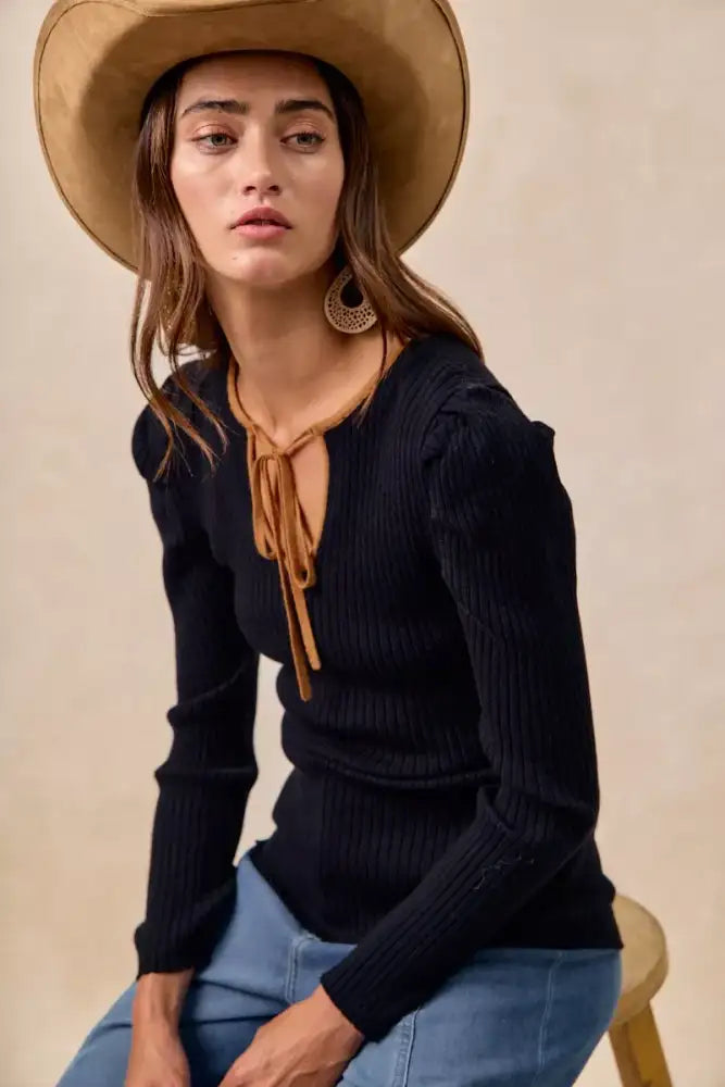 BiBi Ribbed Contrast Front Tied Top with Shrried