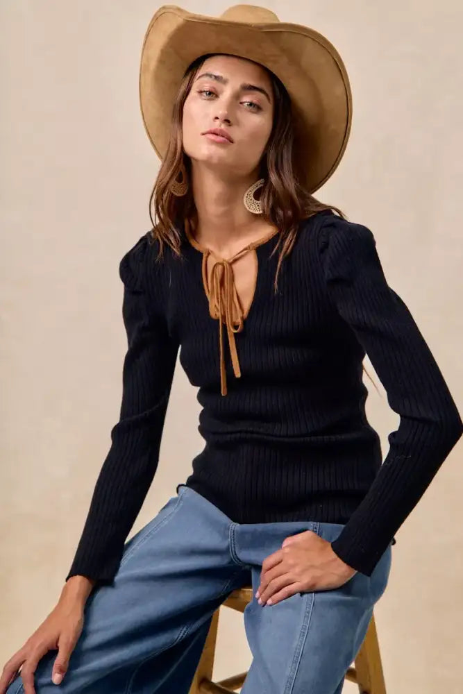 BiBi Ribbed Contrast Front Tied Top with Shrried