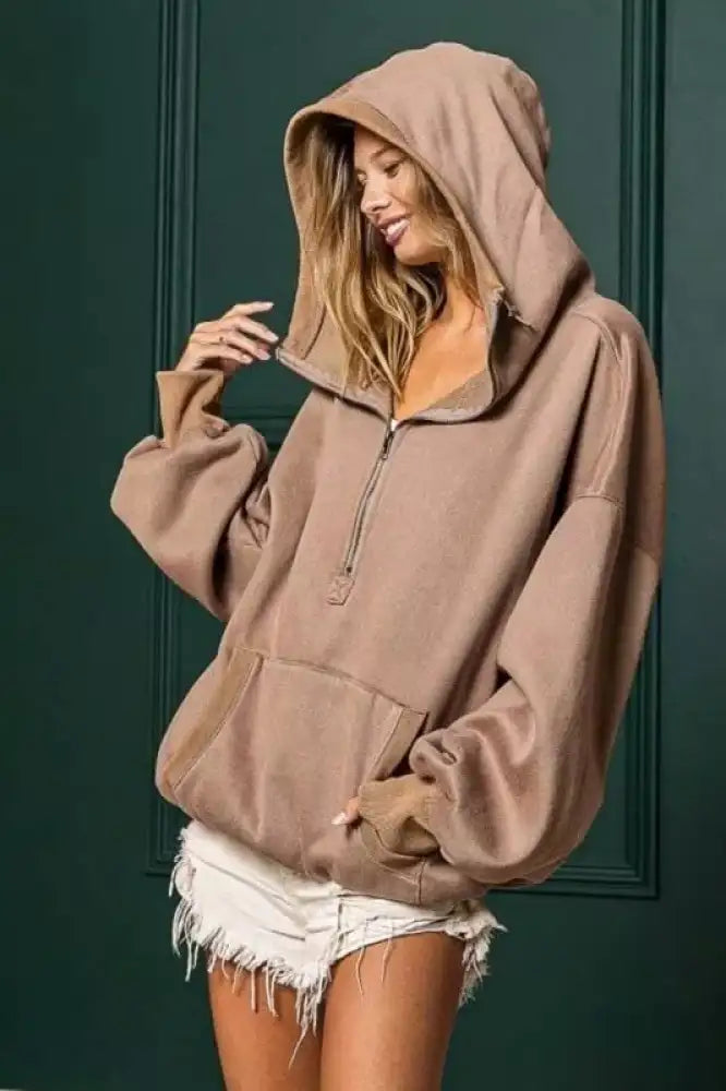 BiBi Stitch Detailed Elastic Hem Half Zip Fleece Hoodie