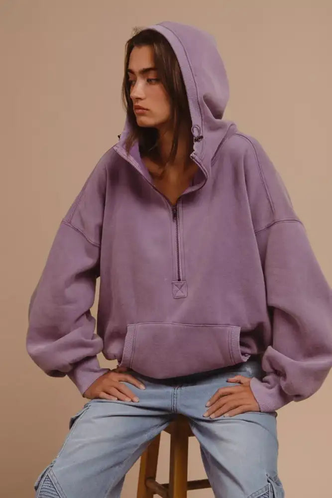 BiBi Stitch Detailed Elastic Hem Half Zip Fleece Hoodie