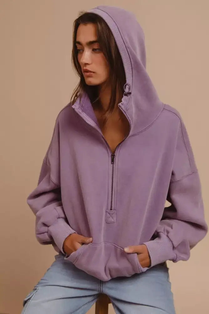 BiBi Stitch Detailed Elastic Hem Half Zip Fleece Hoodie