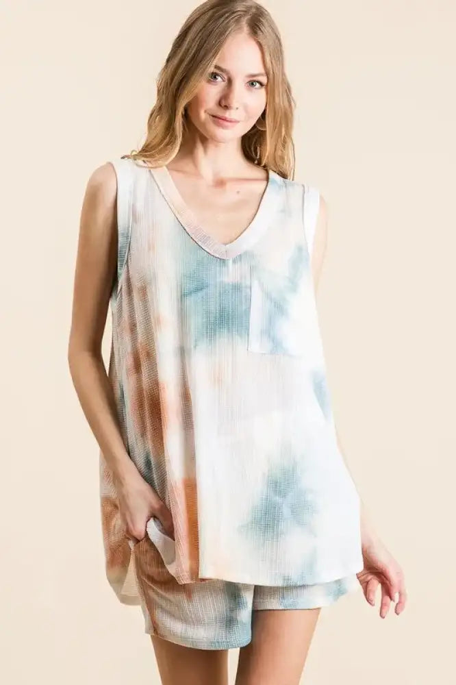 BiBi Tie Dye Textured Knit Top and Shorts Set