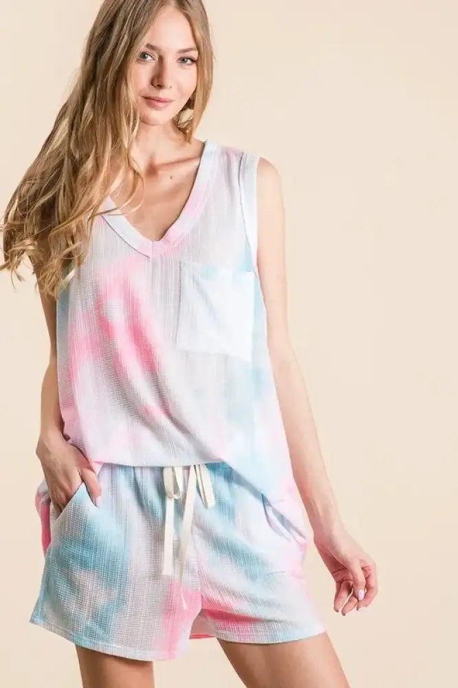 BiBi Tie Dye Textured Knit Top and Shorts Set