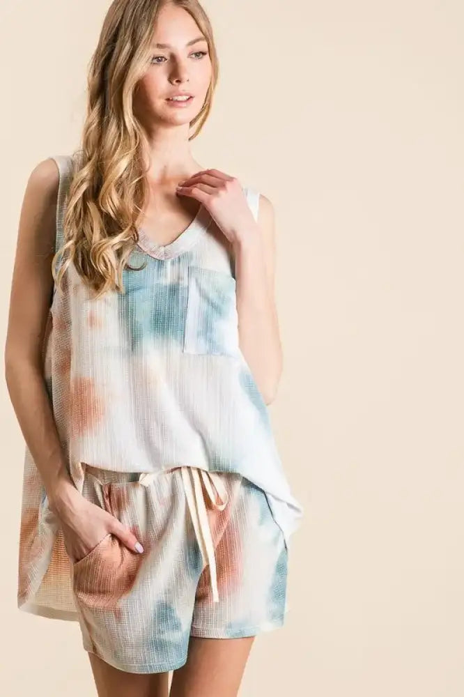BiBi Tie Dye Textured Knit Top and Shorts Set