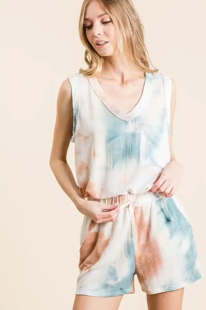BiBi Tie Dye Textured Knit Top and Shorts Set