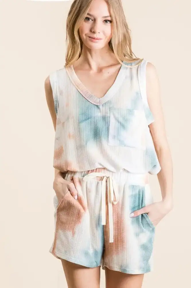 BiBi Tie Dye Textured Knit Top and Shorts Set
