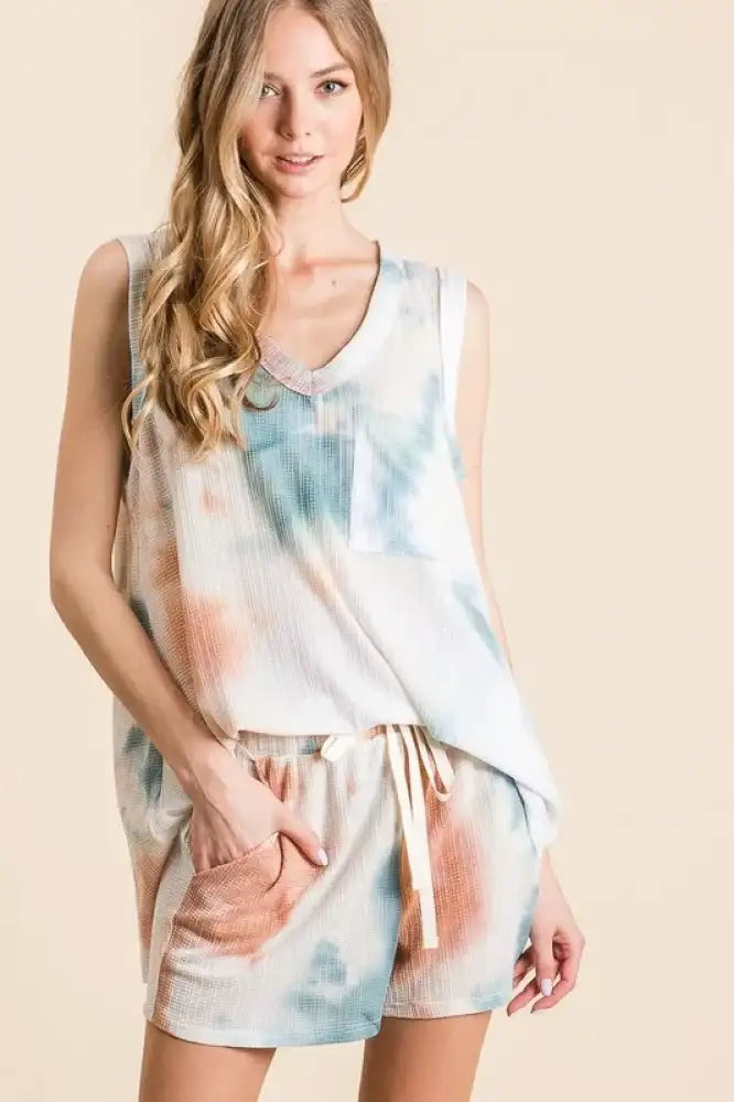 BiBi Tie Dye Textured Knit Top and Shorts Set