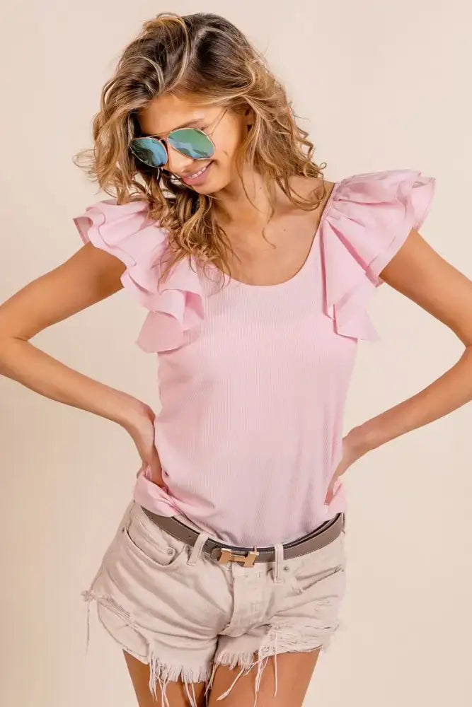BiBi Wide Layered Ruffle Sleeve Scoop Neck Ribbed Top