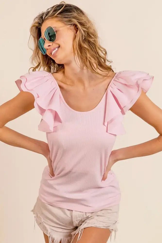 BiBi Wide Layered Ruffle Sleeve Scoop Neck Ribbed Top