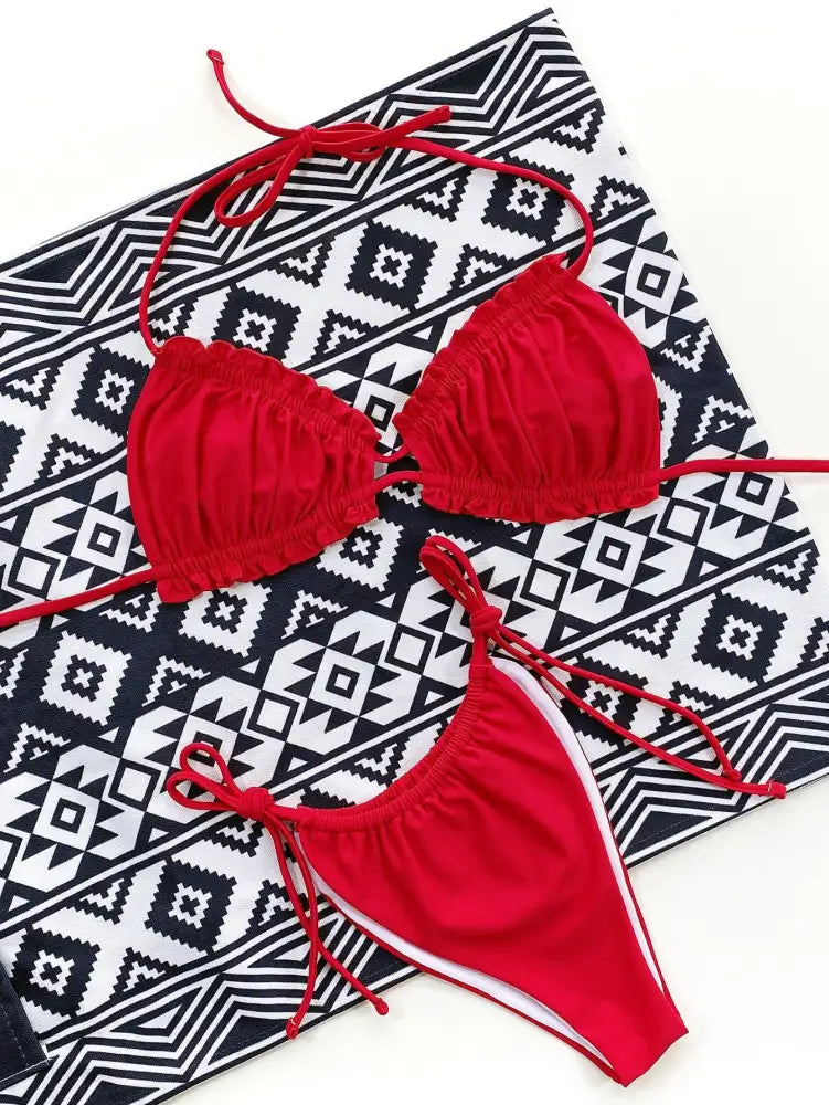 Bikini Ruffle Halter Set - Animal | red shirred bikini side-tie