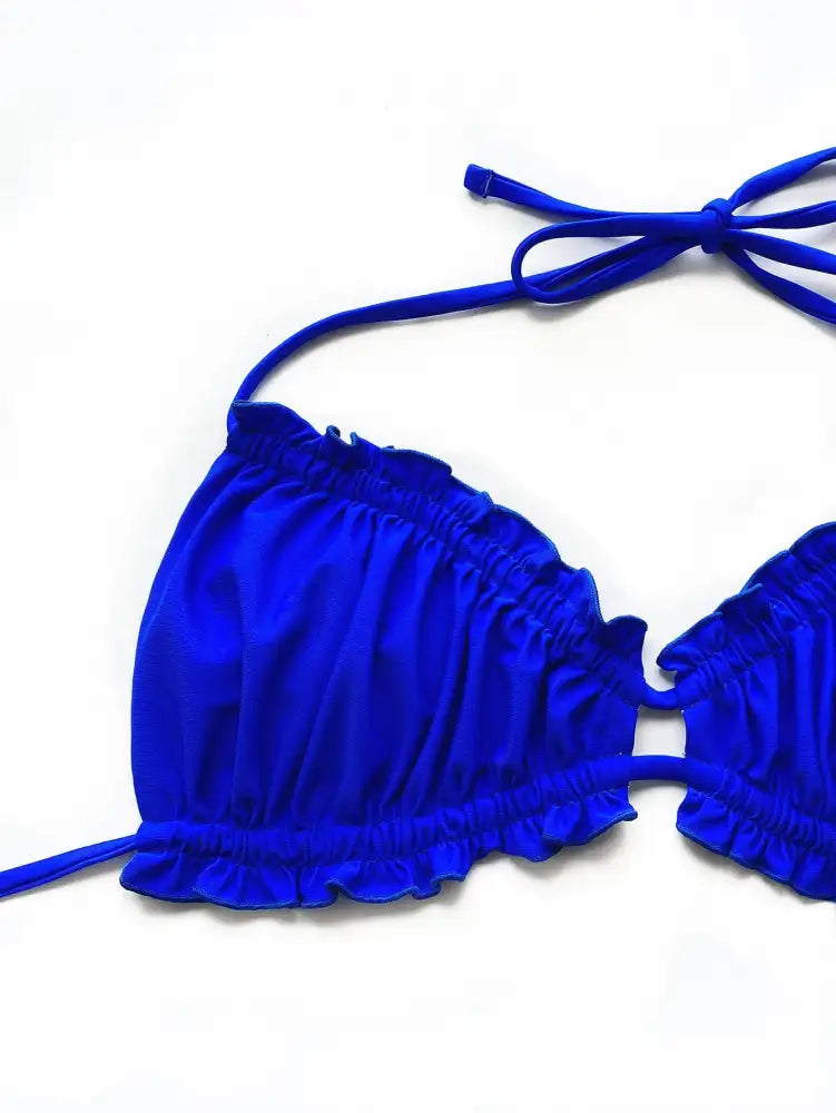 Bikini Ruffle Halter Set - Animal | vibrant blue bikini ruffled trim