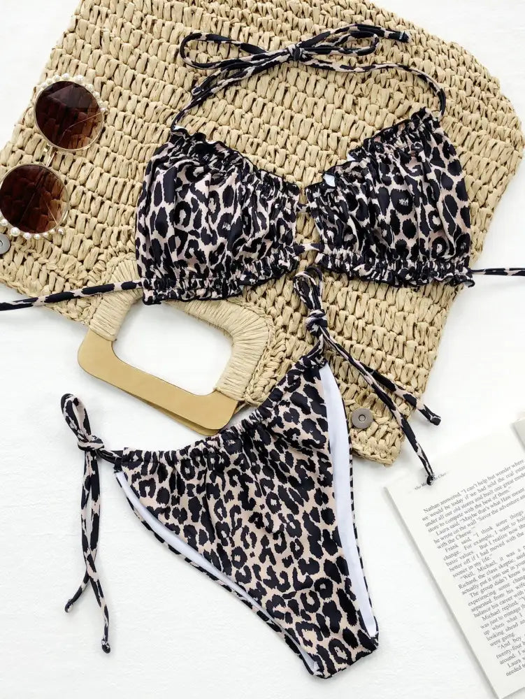 Bikini Ruffle Halter Set - Animal | leopard print bikini swimsuit