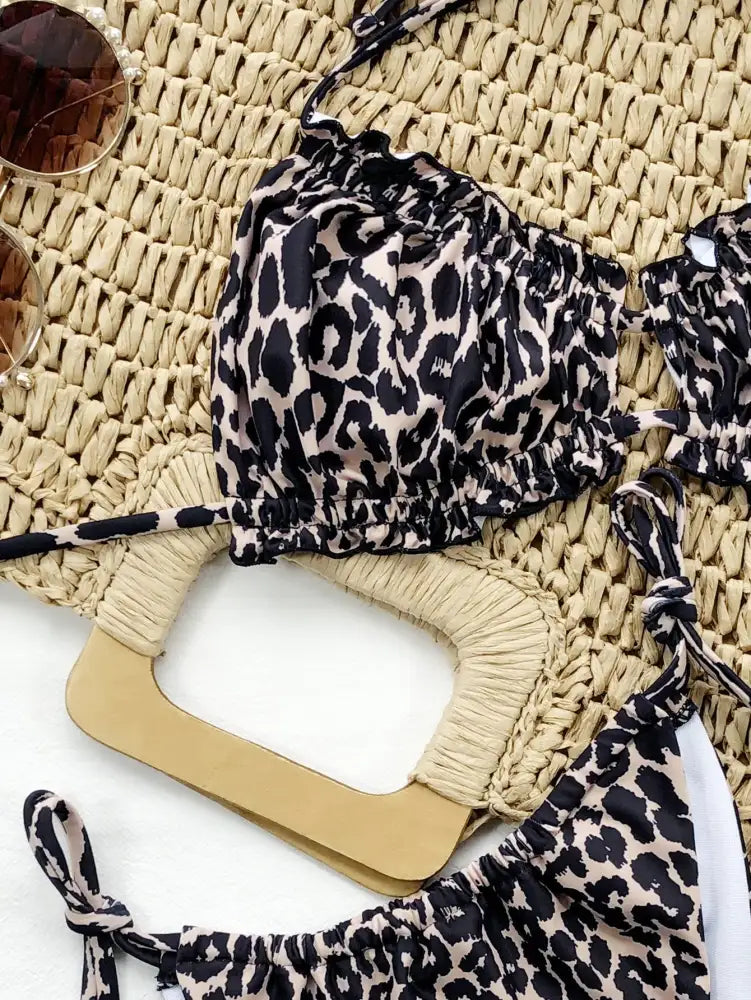Bikini Ruffle Halter Set - Animal | leopard print bikini straw bag