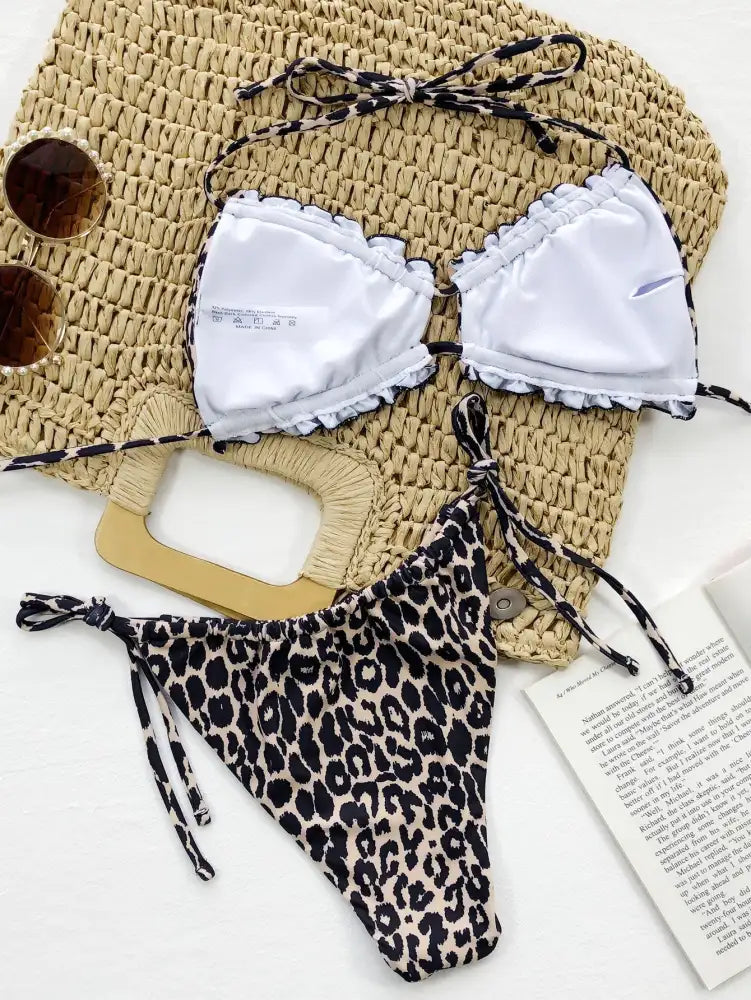 Bikini Ruffle Halter Set - Animal | leopard print bikini ruffled white