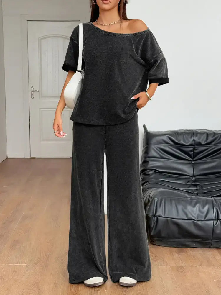 Boat Neck Top and Wide Leg Pants Set