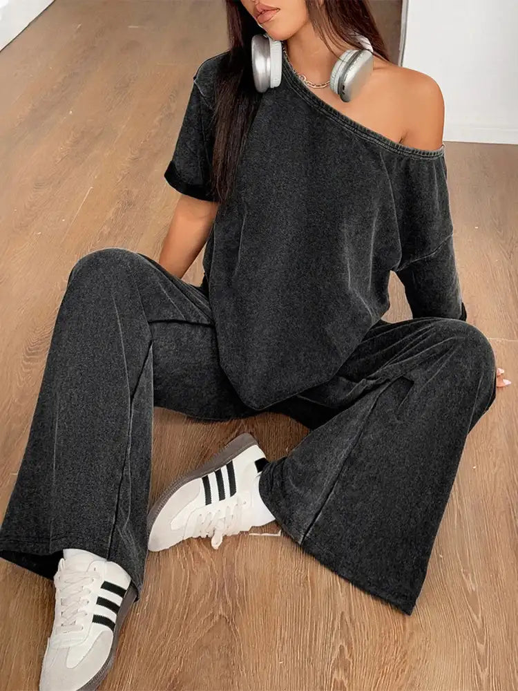 Boat Neck Top and Wide Leg Pants Set