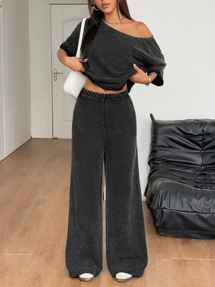 Boat Neck Top and Wide Leg Pants Set