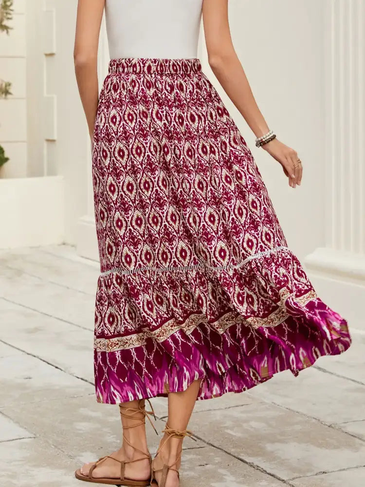 Bohemian Printed Ruched Maxi Skirt