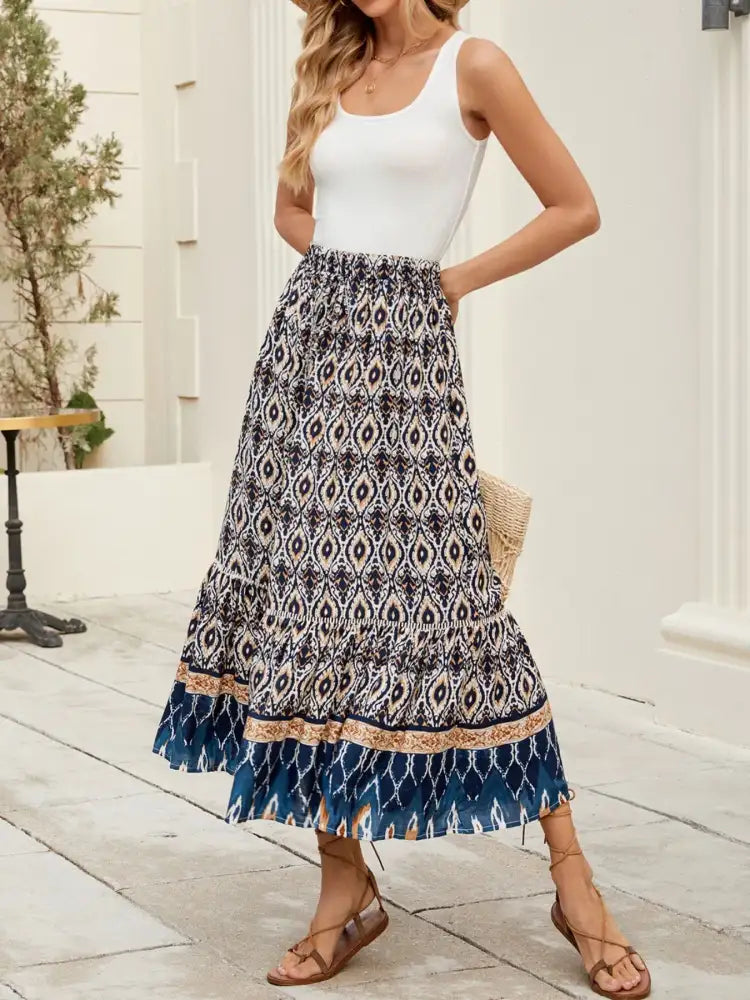 Bohemian Printed Ruched Maxi Skirt