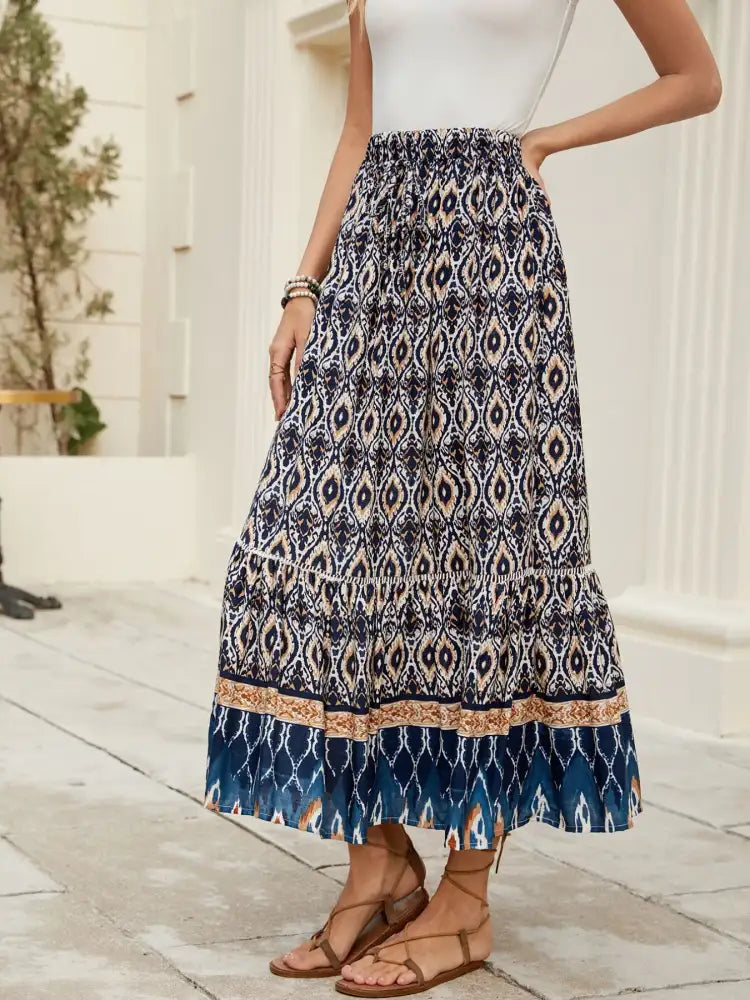 Bohemian Printed Ruched Maxi Skirt
