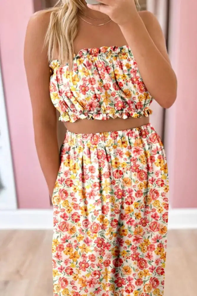 Boho Floral Bandeau Top and High Waist Wide Leg Pants Set