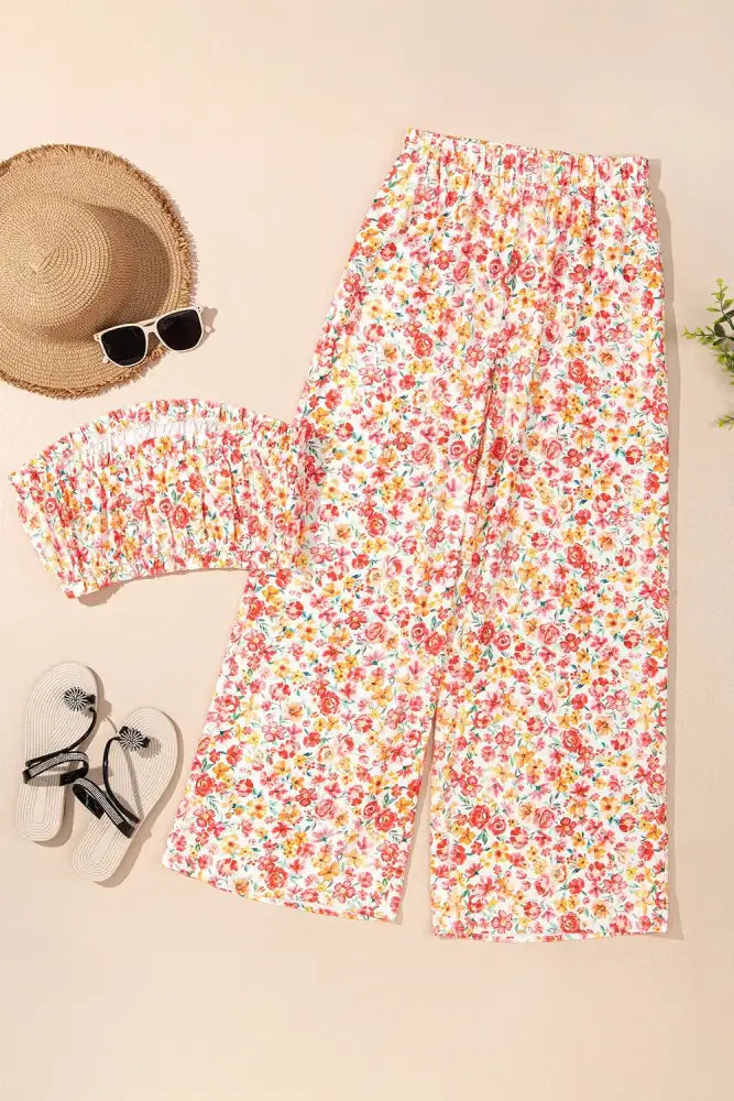 Boho Floral Bandeau Top and High Waist Wide Leg Pants Set