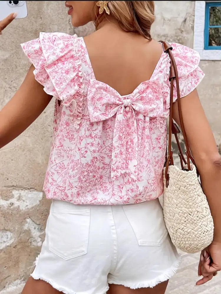 Bow Back Floral Print Ruffle Sleeve Blouse