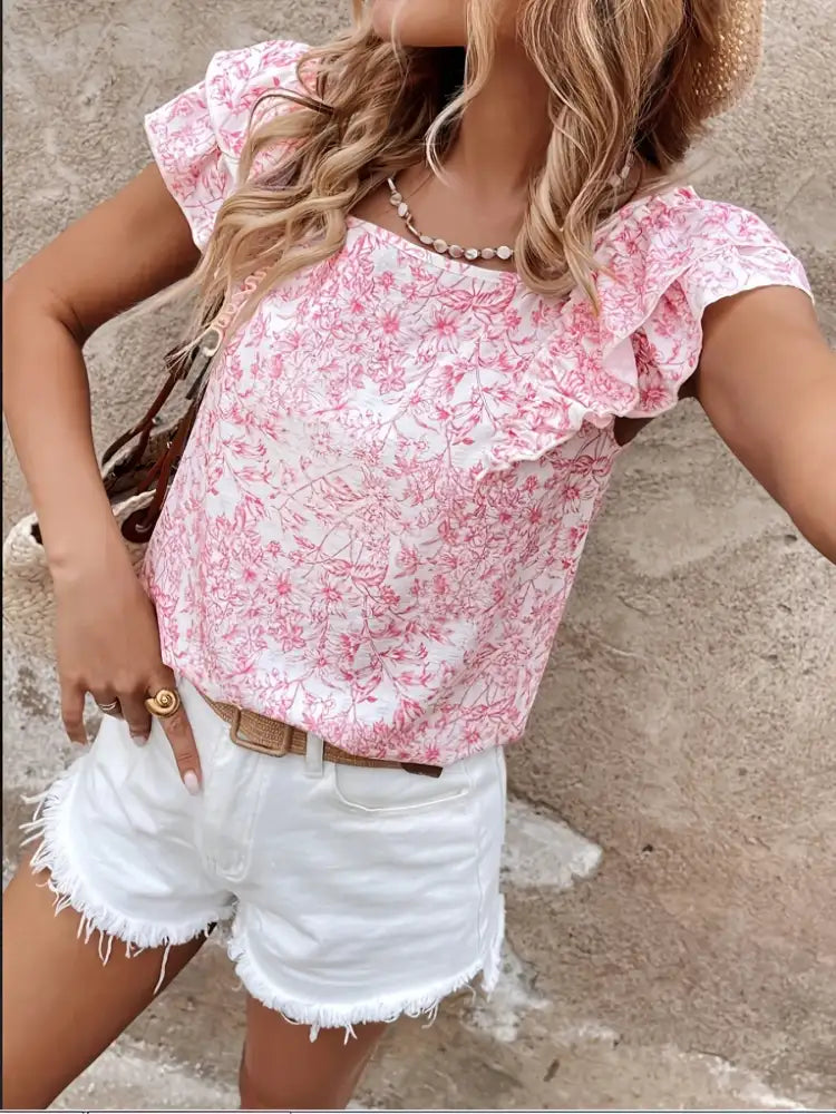 Bow Back Floral Print Ruffle Sleeve Blouse