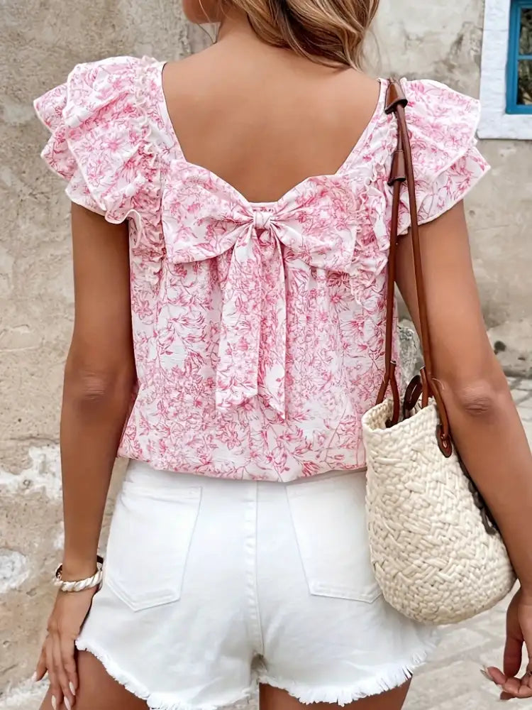 Bow Back Floral Print Ruffle Sleeve Blouse