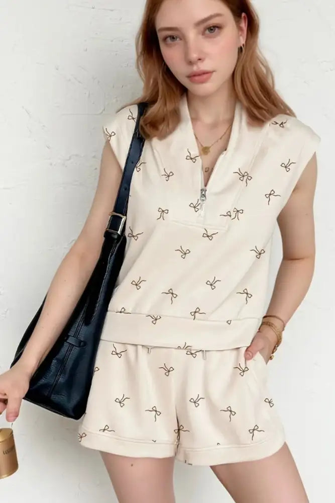 Bow Print Cap Sleeve Top and Shorts Set