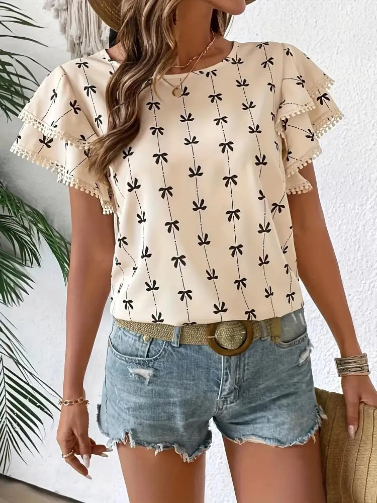 Bow Print Flutter Sleeve Blouse