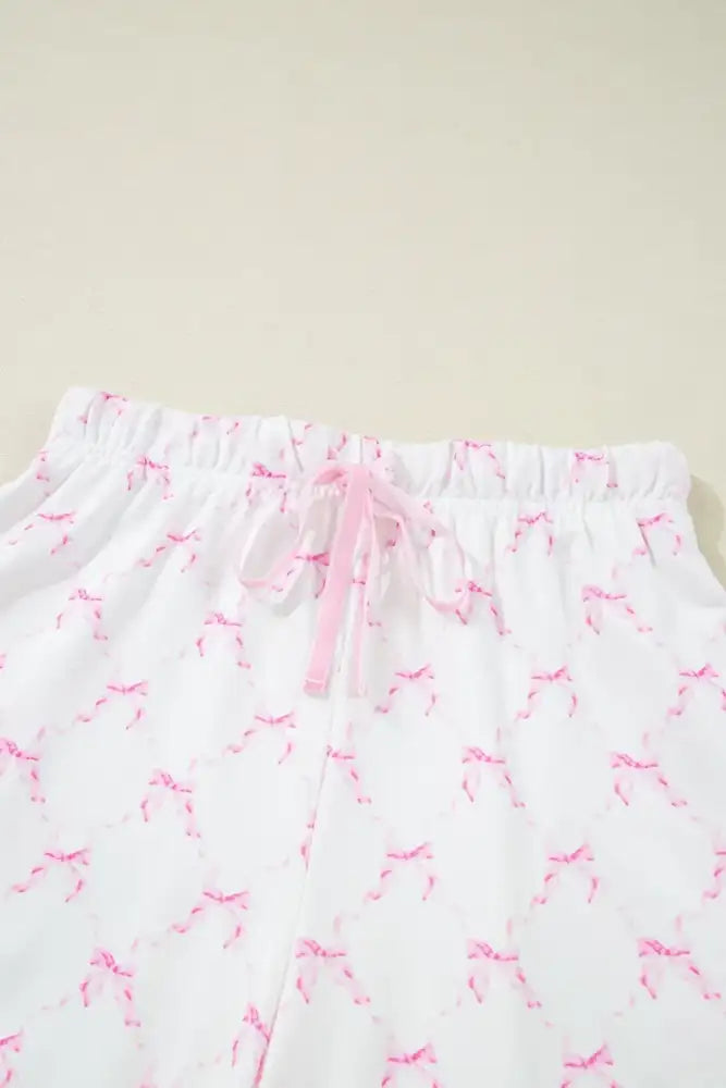 Bow Print Lettuce Trim Round Neck Top and Shorts Lounge Set