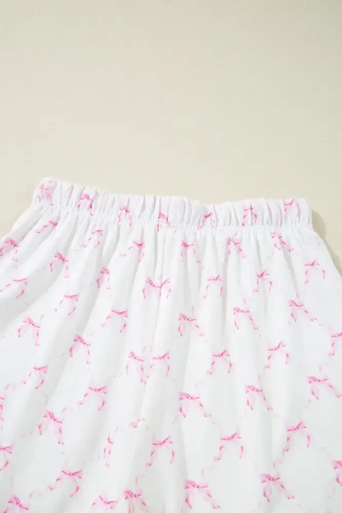 Bow Print Lettuce Trim Round Neck Top and Shorts Lounge Set