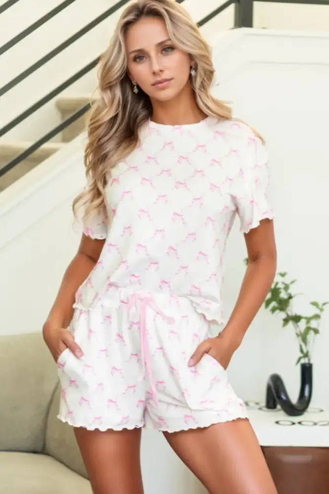 Bow Print Lettuce Trim Round Neck Top and Shorts Lounge Set