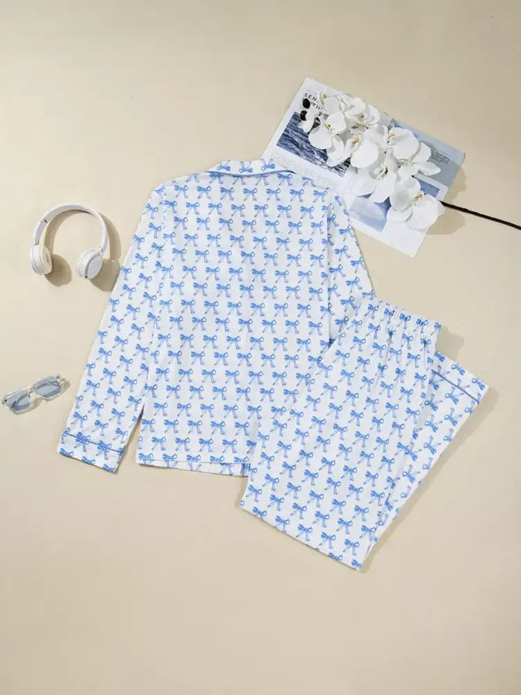 Bow Print Long Sleeve Shirt and Pants Pajama Set