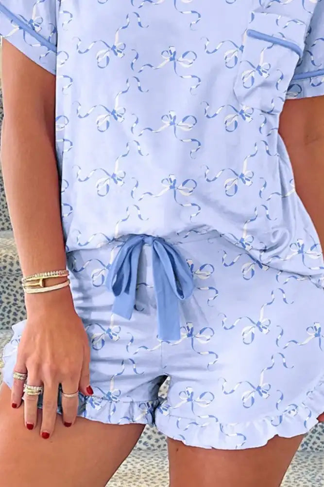 Bow Print Short Sleeve Top and Shorts Pajama Set