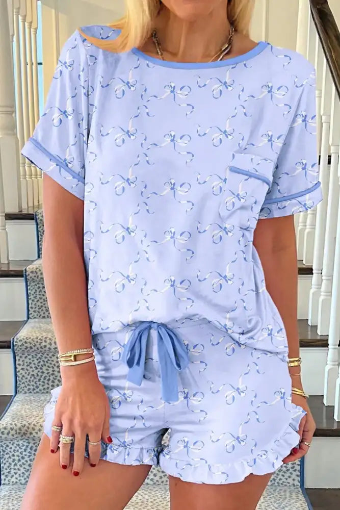 Bow Print Short Sleeve Top and Shorts Pajama Set