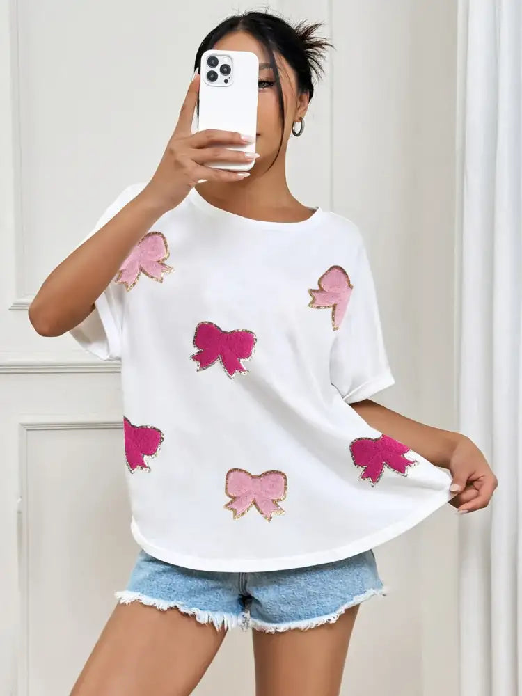 Bow Round Neck Casual T-Shirt