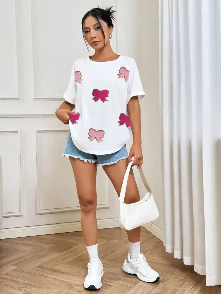 Bow Round Neck Casual T-Shirt